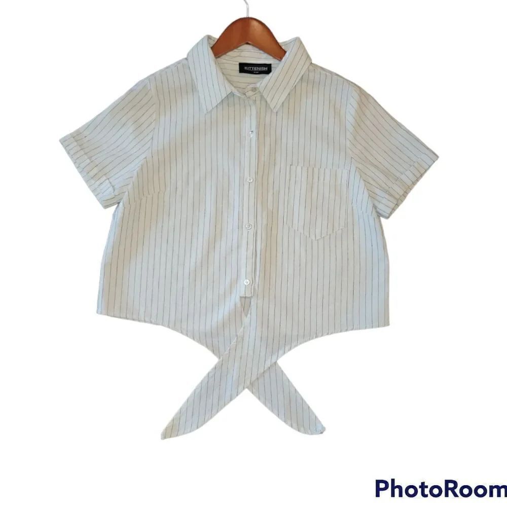 NWOT KITTENISH Short Sleeve Striped Cotton Hemp Tie Front Button Down Up Top L